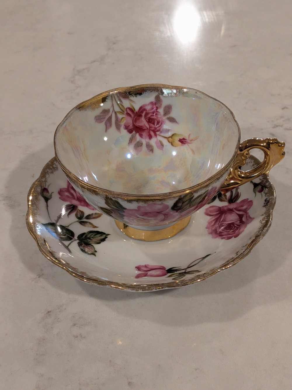 Pink Rose Porcelain Teacup and Saucer with Gold Trim Unbrended